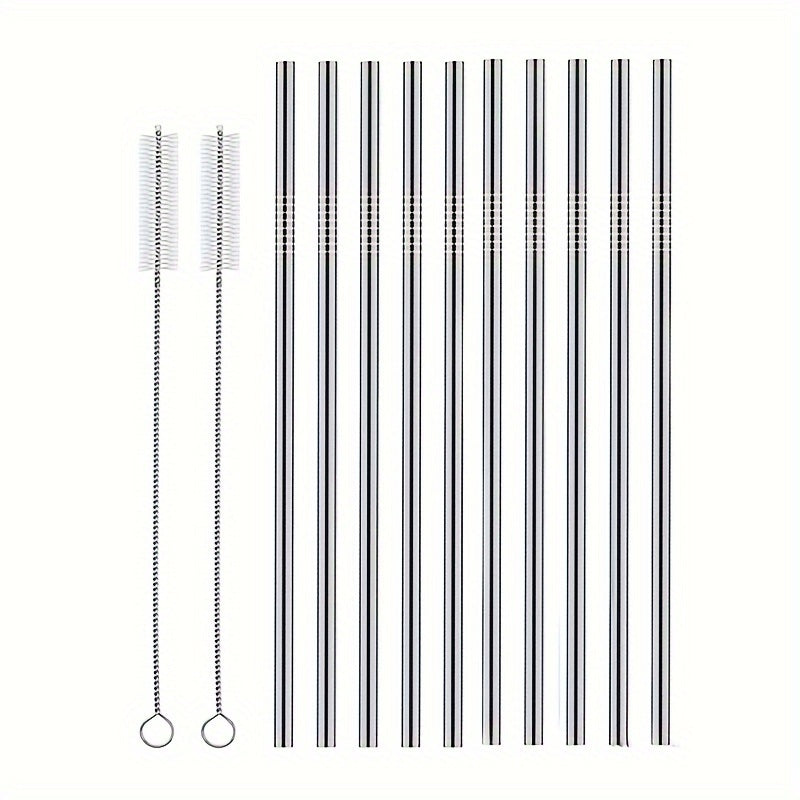 This set includes 10 stainless steel straws that are straight and reusable. Each straw is 21.59cm long and has a diameter of 0.61cm, making them suitable for most drinking glasses. The set also comes with 2 cleaning brushes. Brand: GDGDSY.