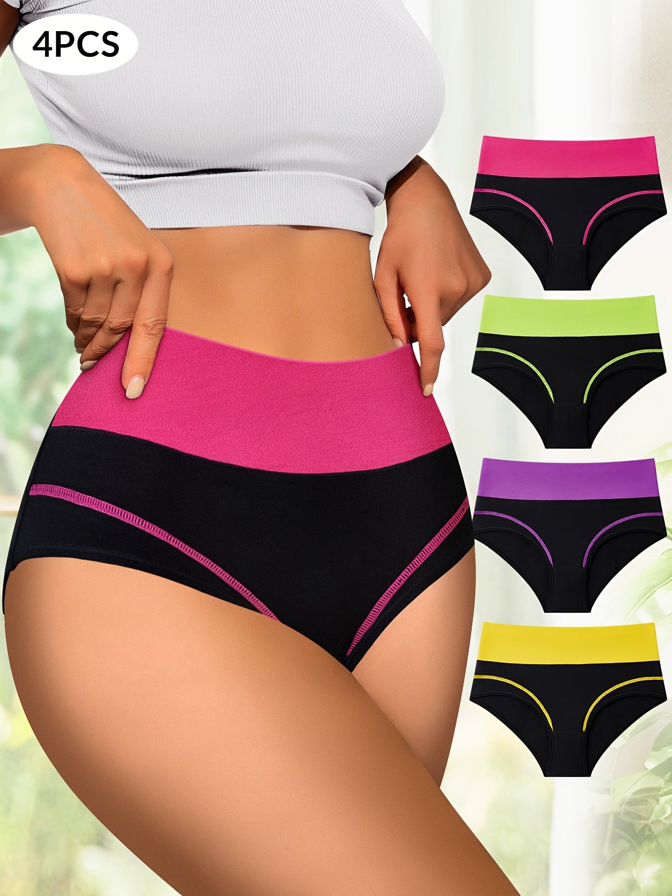 4 high waist tummy control panties with contrast color, comfortable fit.