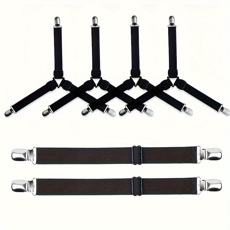 Sheet Holding Straps Set - includes 5 pieces for a secure fit: 1 Straight Strap for the middle of the sheet and 4 Triangle Elastic Clips for the corners. Easily adjustable with metal clips to keep your fitted sheet in place and prevent it from coming off