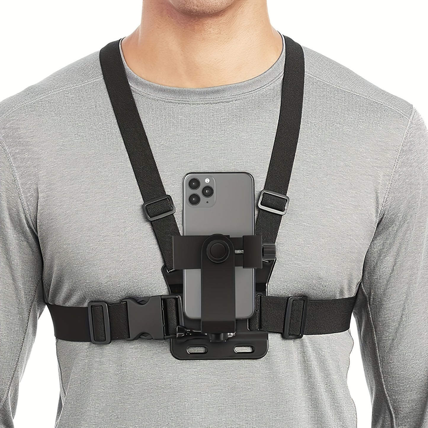 Durable polyamide chest strap with 360° rotatable phone holder for running, cycling, and video recording.