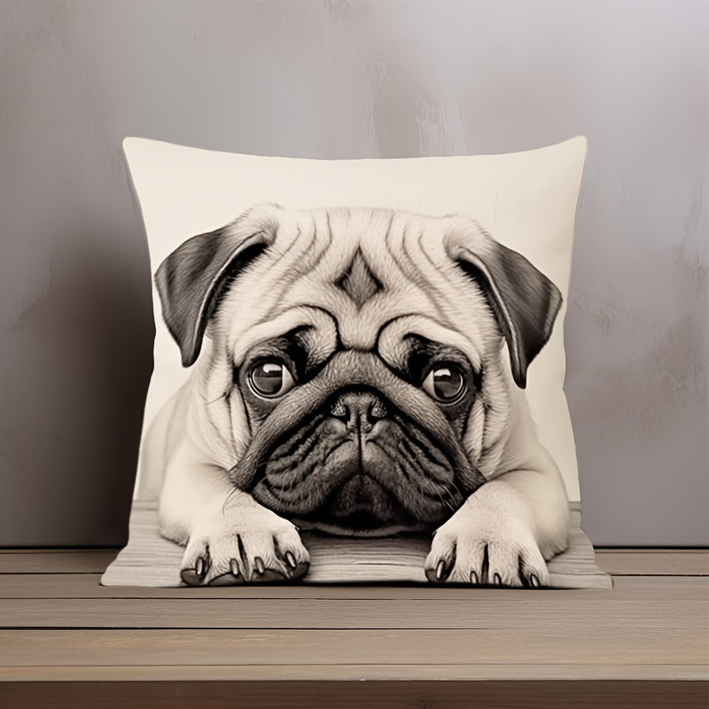 Double-sided throw pillow cover featuring an adorable pug design, measuring 44.96x44.96cm. Made of decorative polyester, this cushion case is ideal for the home and living room. A perfect gift for dog lovers and pug moms, this cover includes a zip