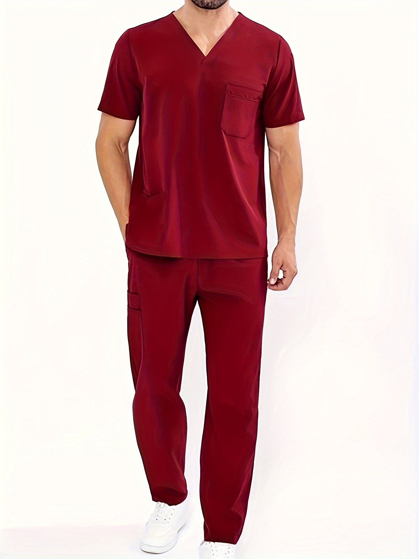 Summer V-neck workwear set for men with 4 pockets.