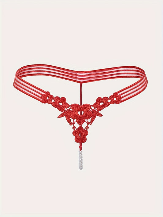 Sexy bead thong panties for women in red, made of 100% polyester knit fabric. Features solid color, mini embroidered V-string, drop waist, and adult thong style.