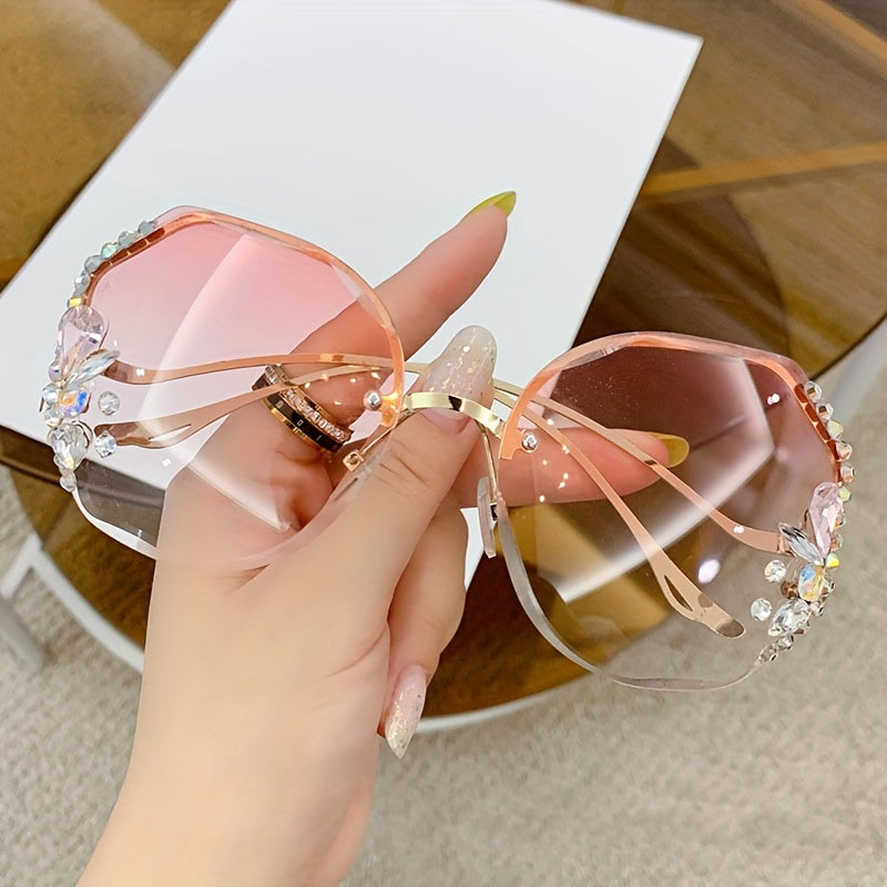 2 Rhinestone fashion glasses for women, frameless gradient lens with gemstone accents and unique bent leg design, buy 1 get 1 free.