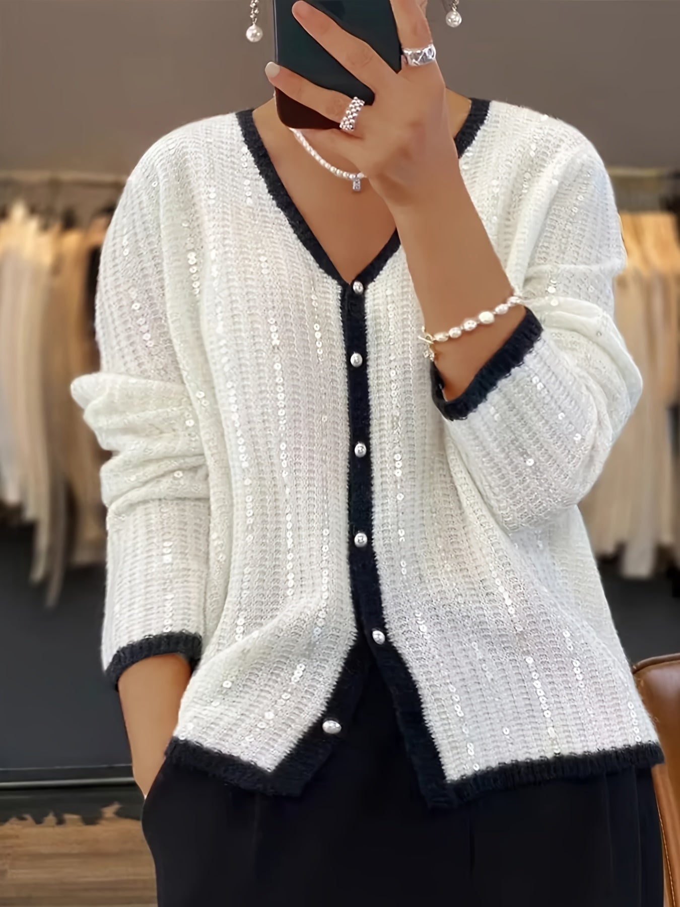 Stylish beaded knit cardigan for women - cozy, casual design in solid color, ideal for autumn/winter.