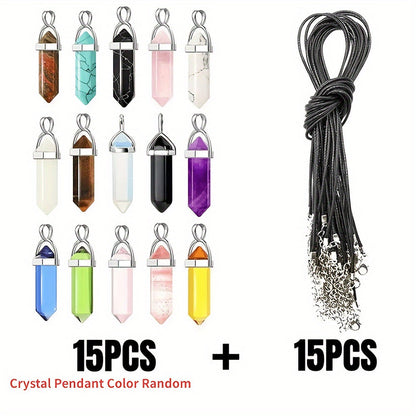 Set of 20 crystal healing point chakra pendants for Christmas fashion jewelry with black leather necklaces and storage bag. Each pendant is a synthetic stone hexagonal quartz bullet pendant, perfect for DIY necklace making.