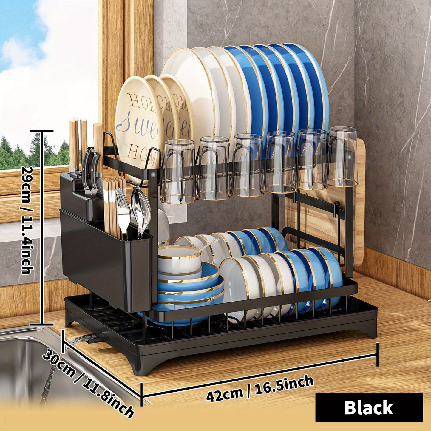 Rustproof Two-Tier Kitchen Rack with Drainboard, Utensil Holder, and Dish Drying Function for Countertop Use