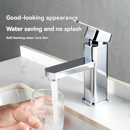 Stylish square faucet featuring an electroplated finish, perfect for basin hot and cold water control. This single-hole bathroom sink tap is ideal for washing hands and face effectively.