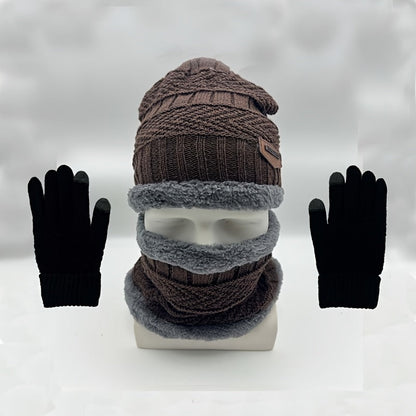 Three-Piece Set of Men's Cozy Knit Hat, Scarf, and Gloves - Featuring Thick Fleece Lining for Warmth. Includes Letter Patch Style Hat, Faux Sheepskin Scarf, and Full Finger Gloves for Winter.