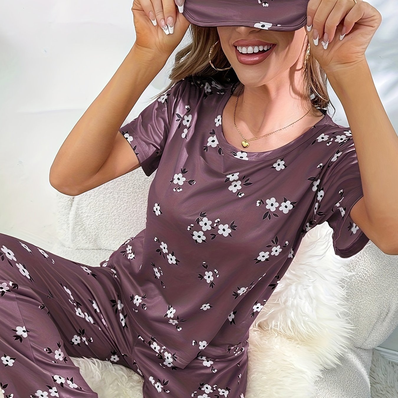 Floral lounge set with long sleeve top and pants for women's loungewear and sleepwear.