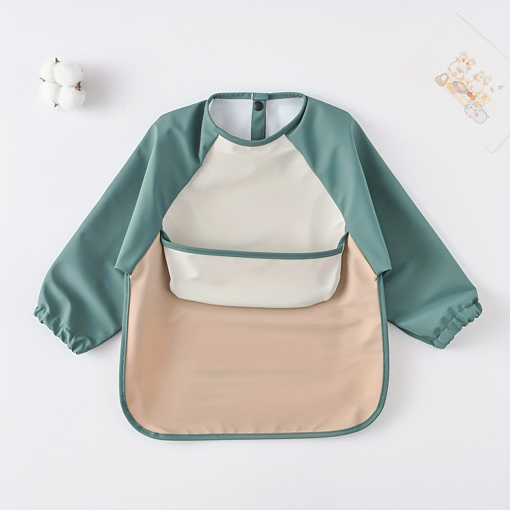 Long-sleeved reverse dressing bib for eating, with a super soft waterproof pocket for feeding.