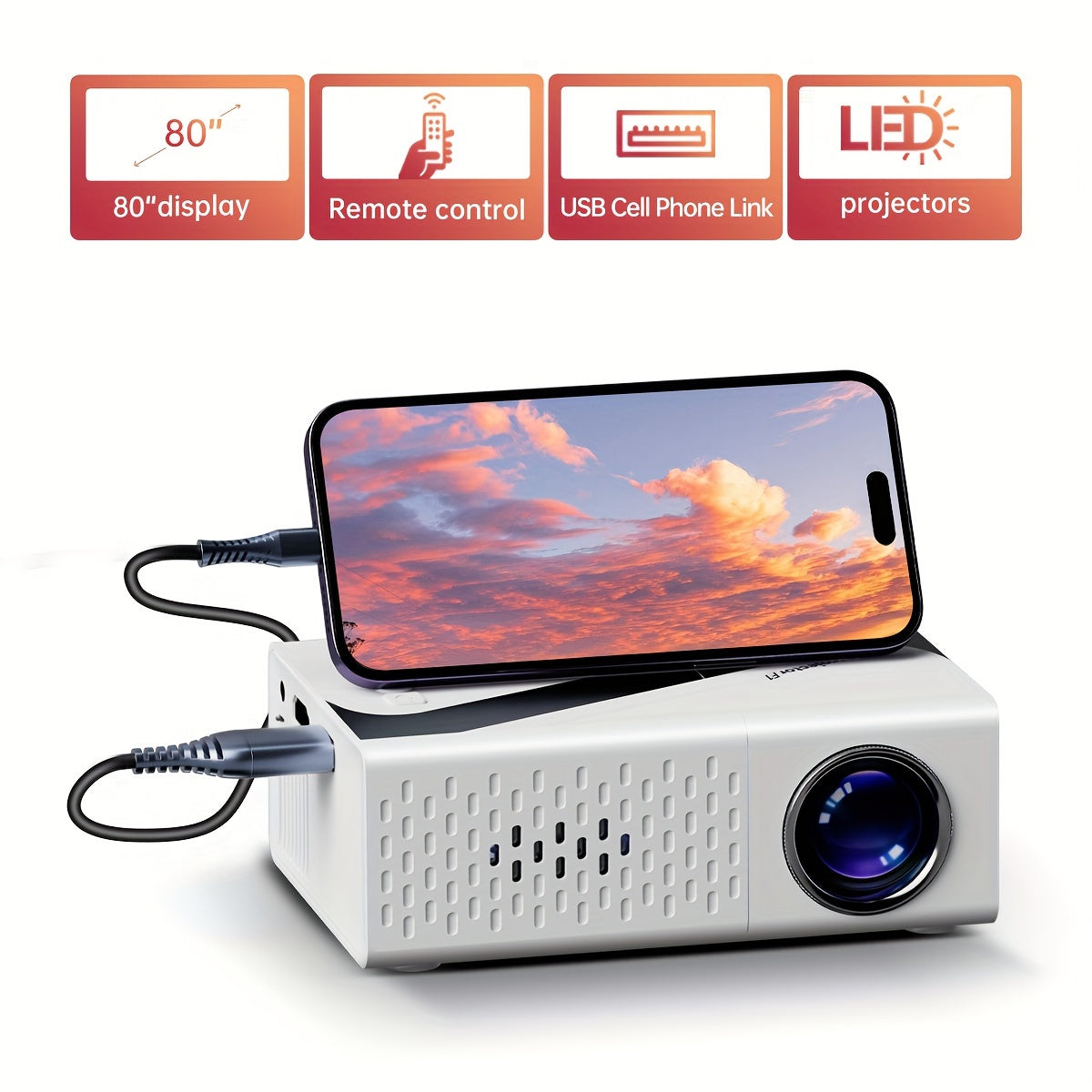 Compact mini HD projector for home theater, office, and meetings. Supports 1080P, compatible with USB, smartphone, AV, and SD card.