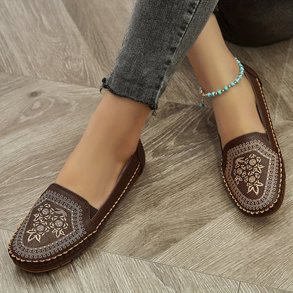 Elegant slip-on flats for women in brown faux cover with floral pattern and sequin accents. Comfortable soft sole, versatile for all seasons, perfect for mature style.