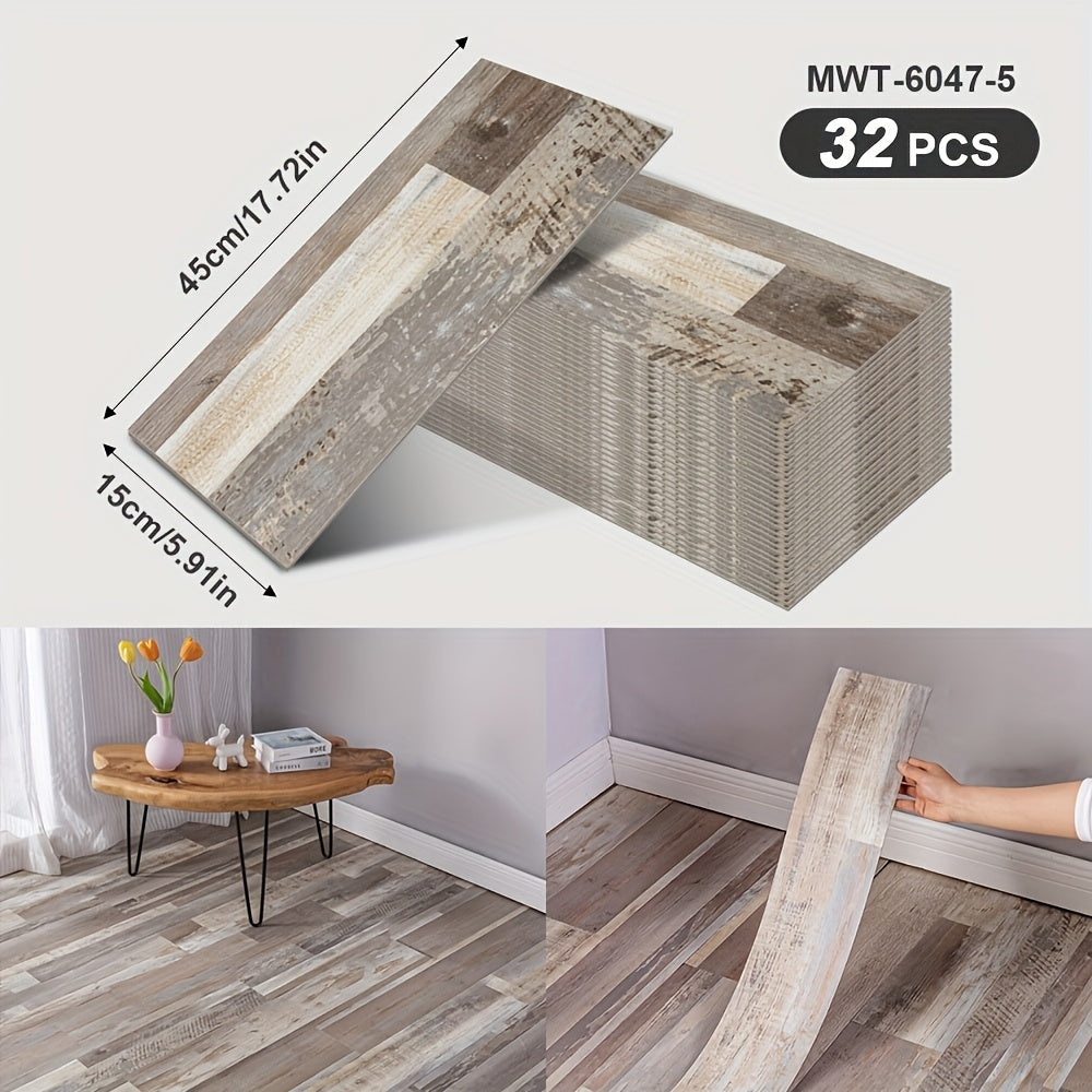 32 peel and paste floor tiles with wood grain design, 45cmx15cm, self-adhesive, waterproof, suitable for bedroom and home decor.