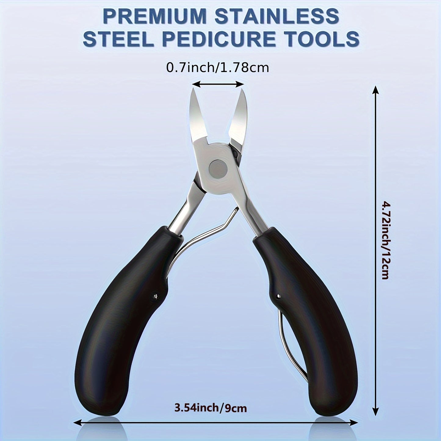 Professional stainless steel toenail clippers with sharp curved blades, comfortable black handles, and nail file for grooming and ingrown nail treatment.