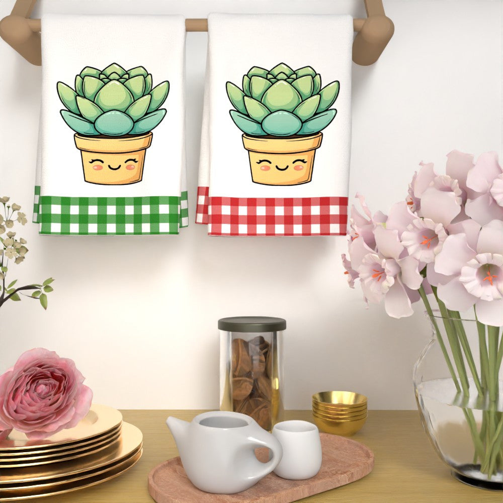 This set includes 2 tea towels with a charming cartoon-style potted plant design, each measuring 45.72 x 66.04 cm. These towels are not only highly absorbent and durable, but also come in vibrant colors. They are easy to care for as they are machine