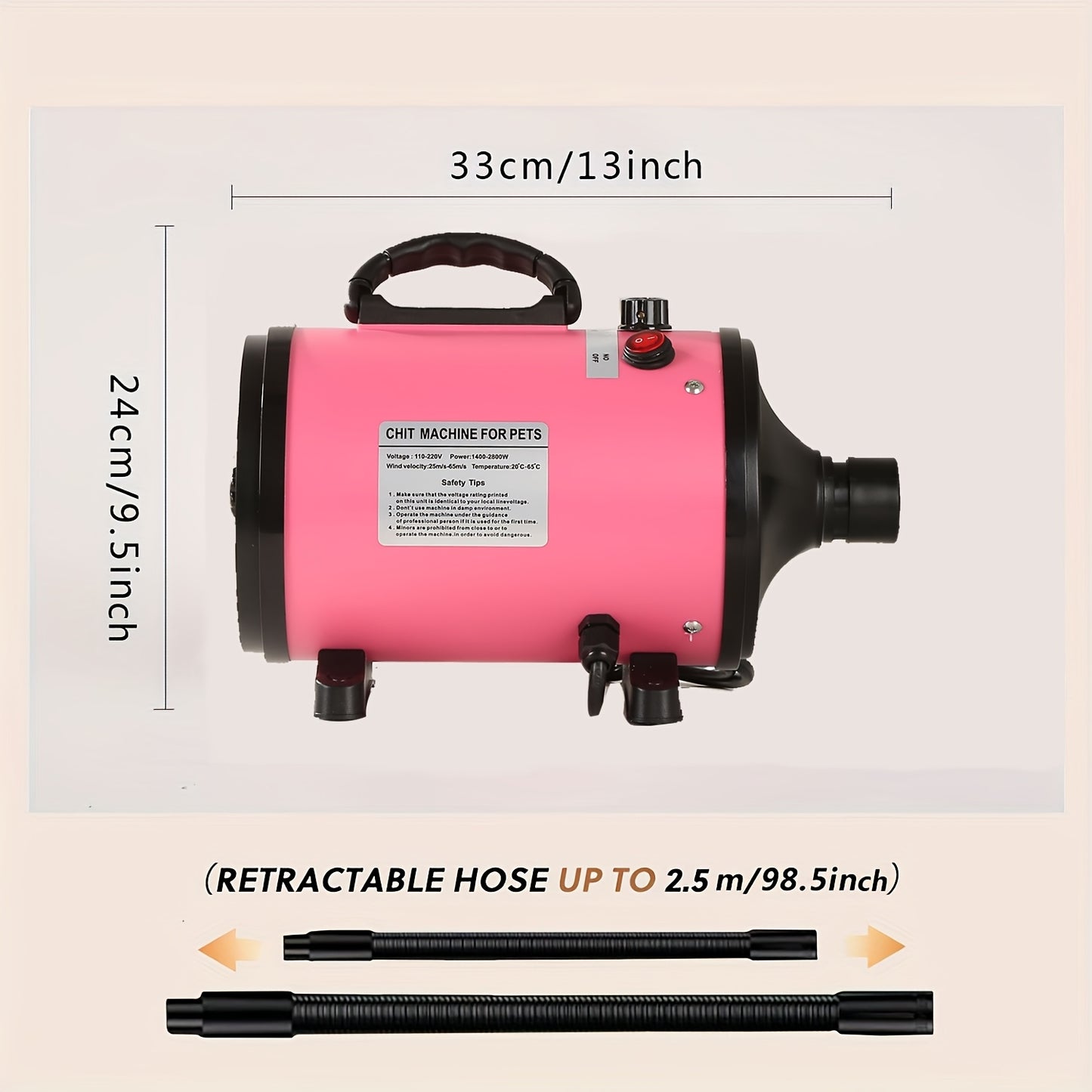 Pink high-power low-noise pet hair dryer for large dogs with quick drying and quiet operation. Includes adjustable nozzles, diffusers, and ABS material. 220V-240V with US plug.