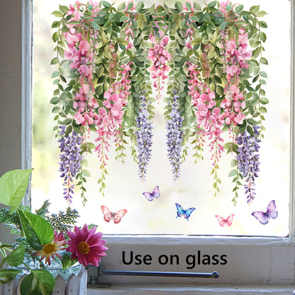 Decorate your space with a set of 1 piece creative vine and butterfly window clings in pink and purple. These floral decals are perfect for glass surfaces and require no glue. They are ideal for adding a touch of charm to your balcony, living room