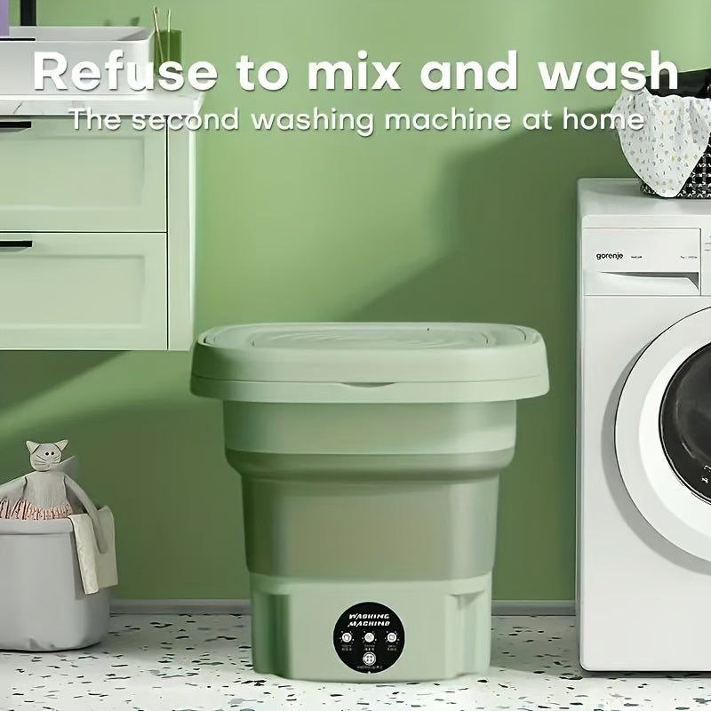 CANGXUELANG Portable 8L Mini Washing Machine is electric, front load with touch control. It does not require batteries, operates on plug-in power at 220V-240V EU Standard. It has a round