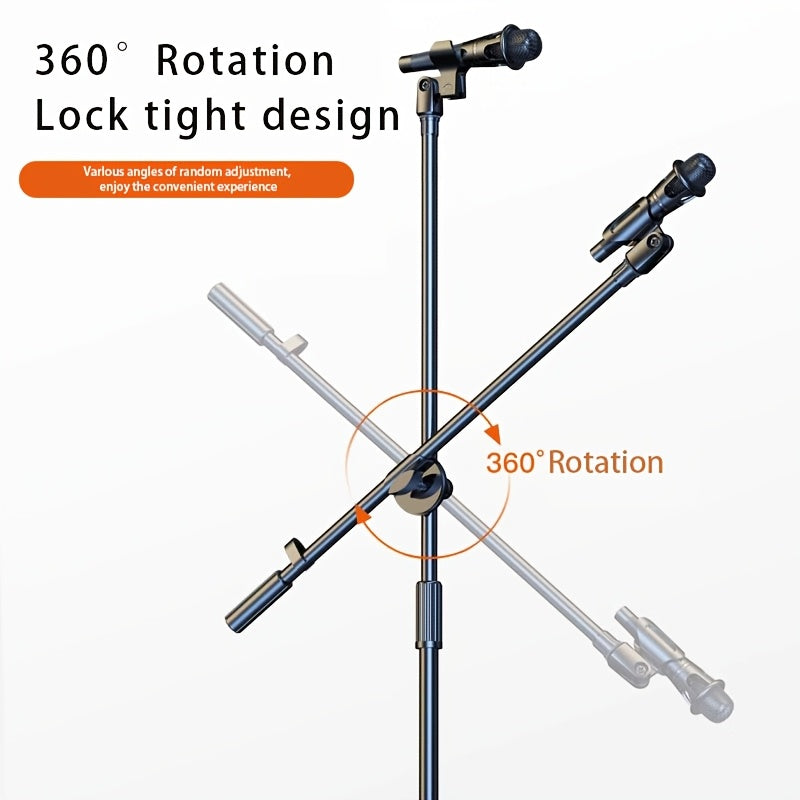 RodeoSonido Premium Microphone Stand with detachable tripod boom stand, clip holder, and metal base, ideal for singing, speeches, performances, weddings, and outdoor events.