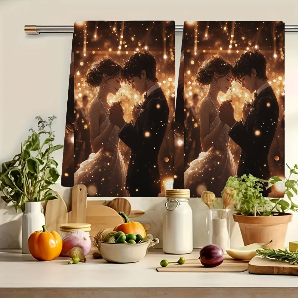 Get a pair of luxurious kitchen towels showcasing a charming anime couple dancing in a dazzling ballroom surrounded by twinkling lights and music. These super absorbent dish towels are ideal for adding a festive touch to your home decor during the