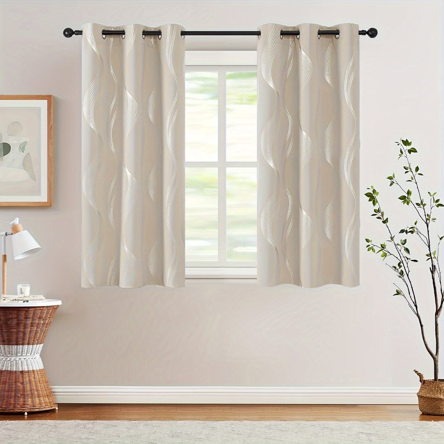 Two pieces of contemporary blackout curtains made from high-quality woven polyester, featuring a grommet top design for easy hanging. These room darkening drapes are machine washable and showcase a fantasy stripe pattern with eyelet detailing. Suitable