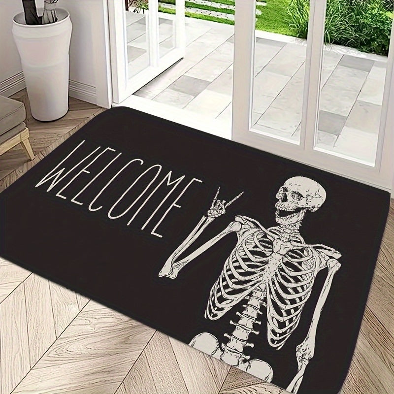 Welcome guests with this Halloween-themed Skull Doormat, designed for both indoor and outdoor use. This non-slip rug is easy to clean, stain-resistant, and low pile for safe and convenient use. Made of polyester and weighing under 700g/m², this festive