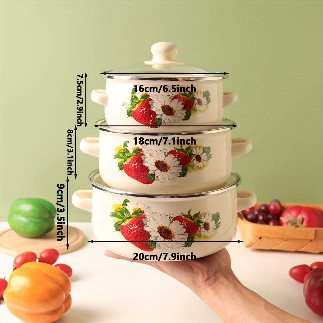 Three-piece multifunctional enamel set including a pot, boiling pot, and soup pot. This versatile set is perfect for use in restaurants, home kitchens, outdoor cooking, and on gas or electric stoves.