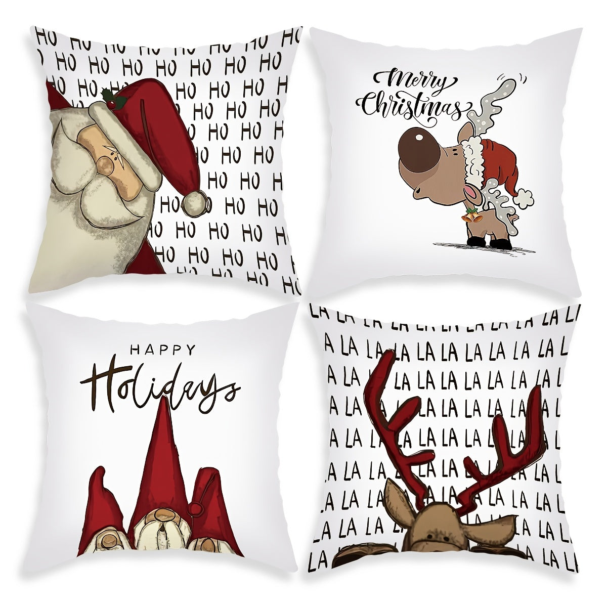 Set of 4 Christmas-themed pillowcases with various designs, 45.72cm X 45.72cm.