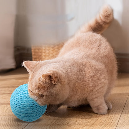 Interactive sound-making cat scratching ball toy made of cardboard material for cats to relieve play with their pet companion.