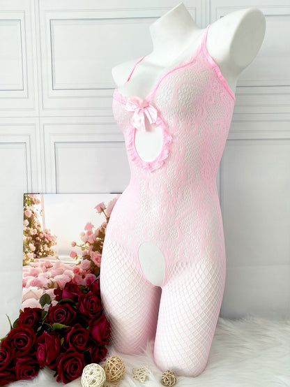 Sexy Jacquard Knit Bodysuit for Women - Fishnet design with front bow detail, open crotch lingerie for intimate nights and special occasions