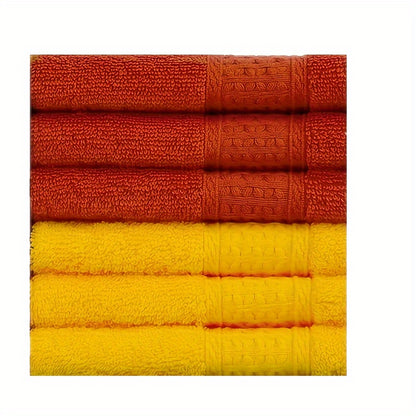 6-Pack of 100% Cotton Face Towels with assorted patterns, perfect for body and face, great for hotel, travel, and everyday use. Each towel is woven and has a GSM of 360, measuring 33.02x33.02cm.