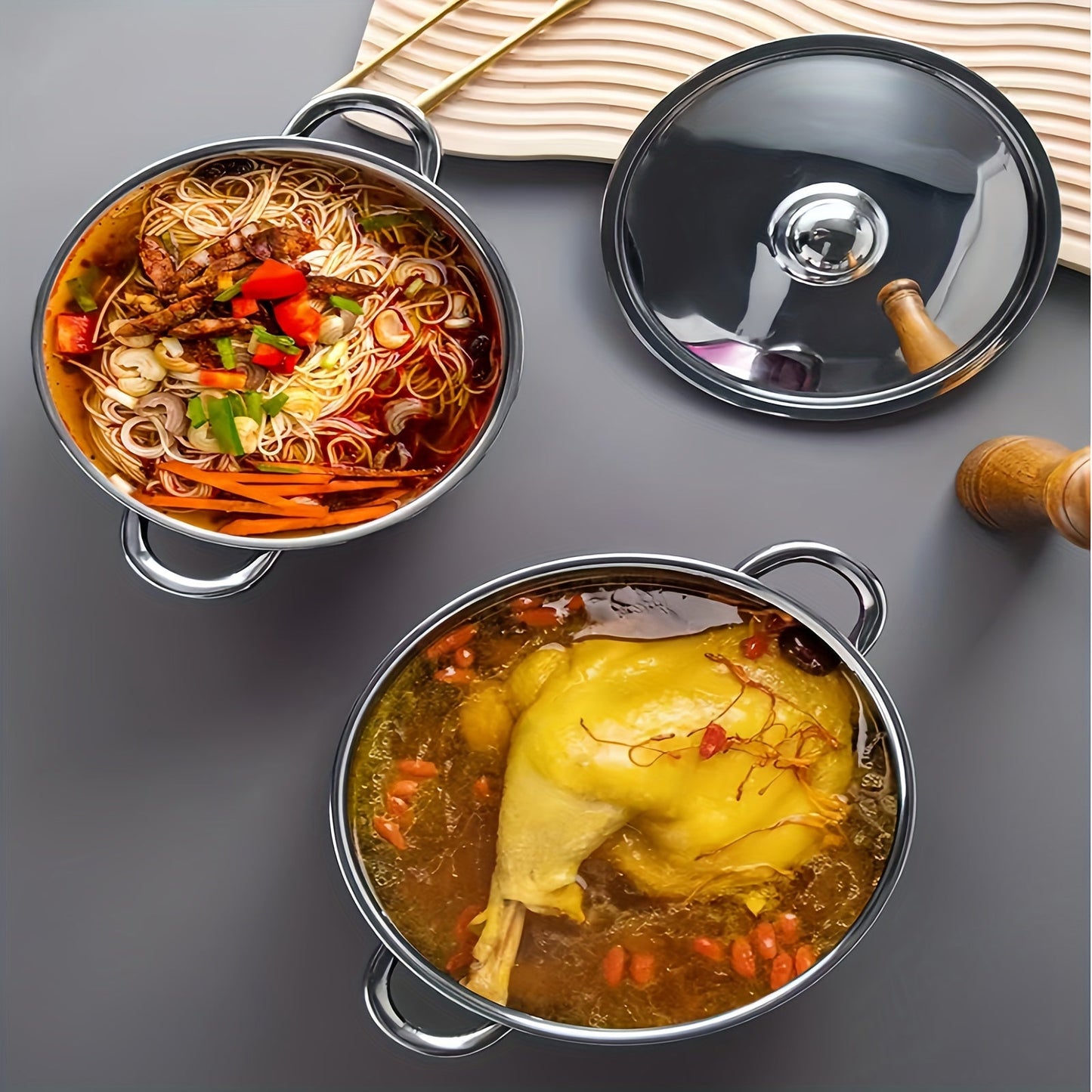 Stainless Steel Cookware Set - Includes 10 Pieces with Lids & Spoons - Features Multi-Color Design, Compatible with Induction & Gas Stoves - Ideal for Cooking Soups, Hot Pots, Noodles & Seafood