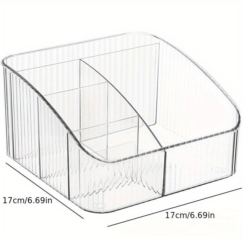 Transparent PET cosmetic organizer with 5 compartments. Ideal for makeup and office supplies. Portable, lightweight, and polished finish. Great desk accessory.