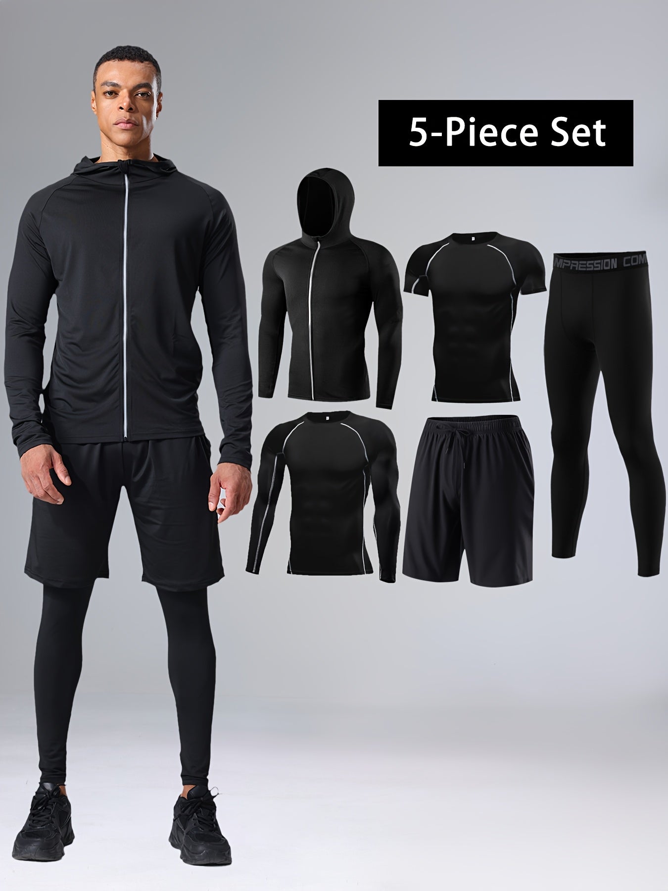 Men's 5-piece Athletic Set for Basketball & Fitness: High-Elasticity, Quick-Dry Compression Gear with Long Sleeve Top, Shorts, Leggings, Vest & Tee