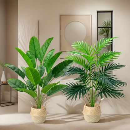 2 artificial palm plants for spring/summer home decor, living room, office. Flowerpots not included.