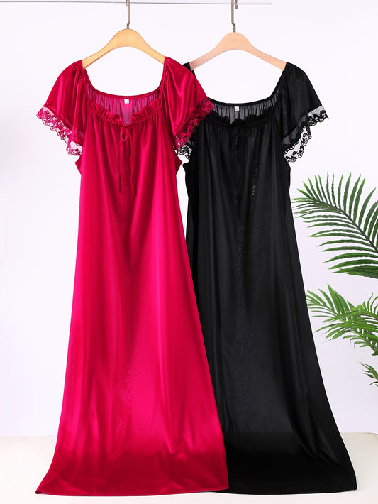 2 women's satin sleep dresses with lace trim, square neck, short sleeve nightgowns in red & black, polyester blend for spring/summer lingerie sleepwear