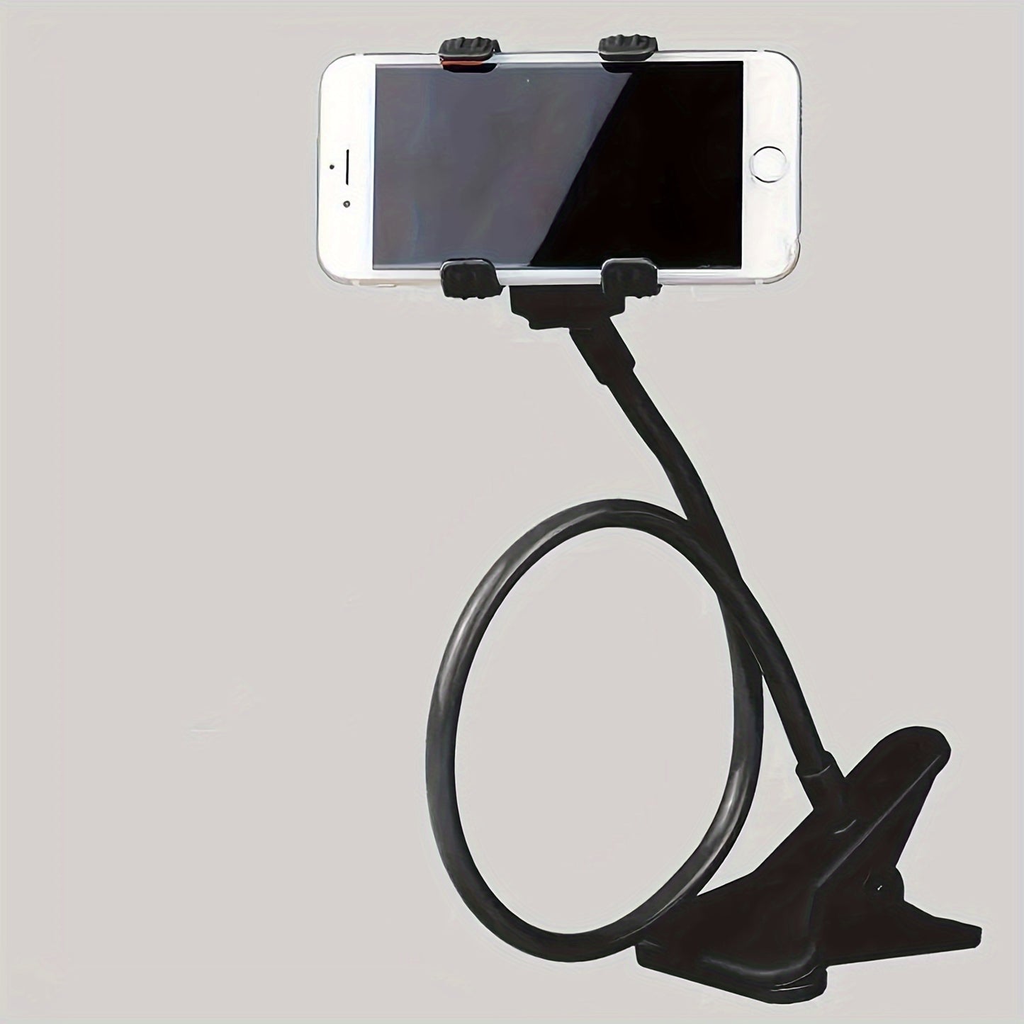 Flexible arm clamp stand for smartphones, adjustable for desktop or bedside use. Portable design allows for hands-free viewing with foldable convenience.