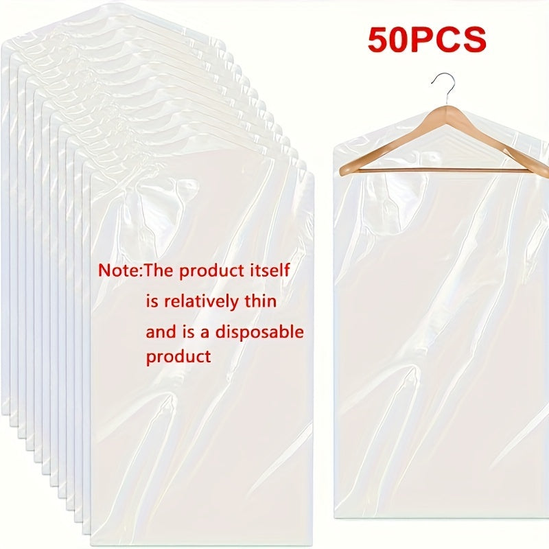 50 clear plastic garment bags for hanging storage, ideal for keeping your clothing dust-free and organized in the bedroom or home. Perfect for essential storage needs.