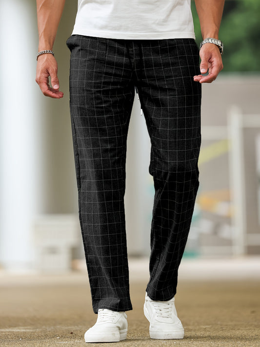 Men's polyester pants with drawstring waist, ideal for spring and fall, featuring casual striped plaid pattern.