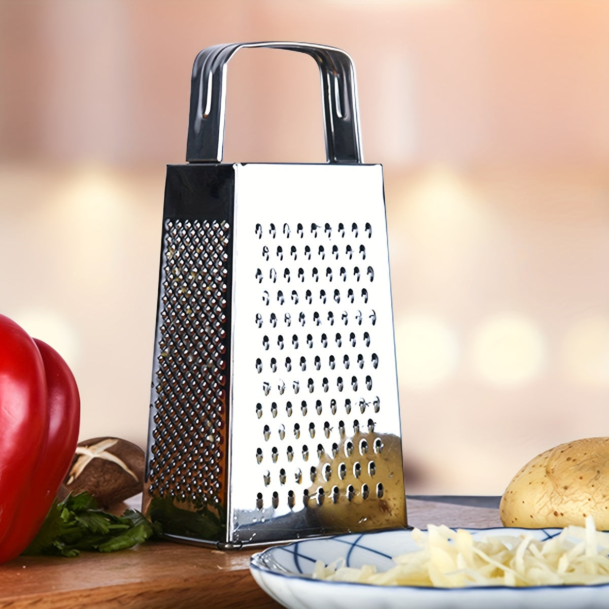 Upgrade your kitchen with the Stainless Steel 4-Sided Box Grater - a versatile tool for grating cheese, vegetables, and potatoes. This multifunctional grater features a non-slip handle for easy use.