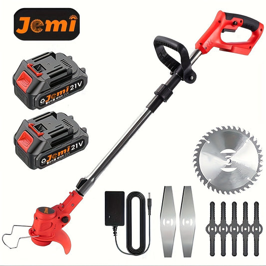 Jemi Cordless Electric Lawn Mower & Weed Wacker features 3 blade types, a rechargeable 21V battery, foldable design, and detachable wheels for easy storage.