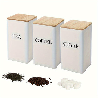 Modern Square Metal Canisters with Bamboo Lids Set of 3 - Ideal for Storing Tea, Coffee, Sugar & Snacks | Safe and Stylish Kitchen Storage Option