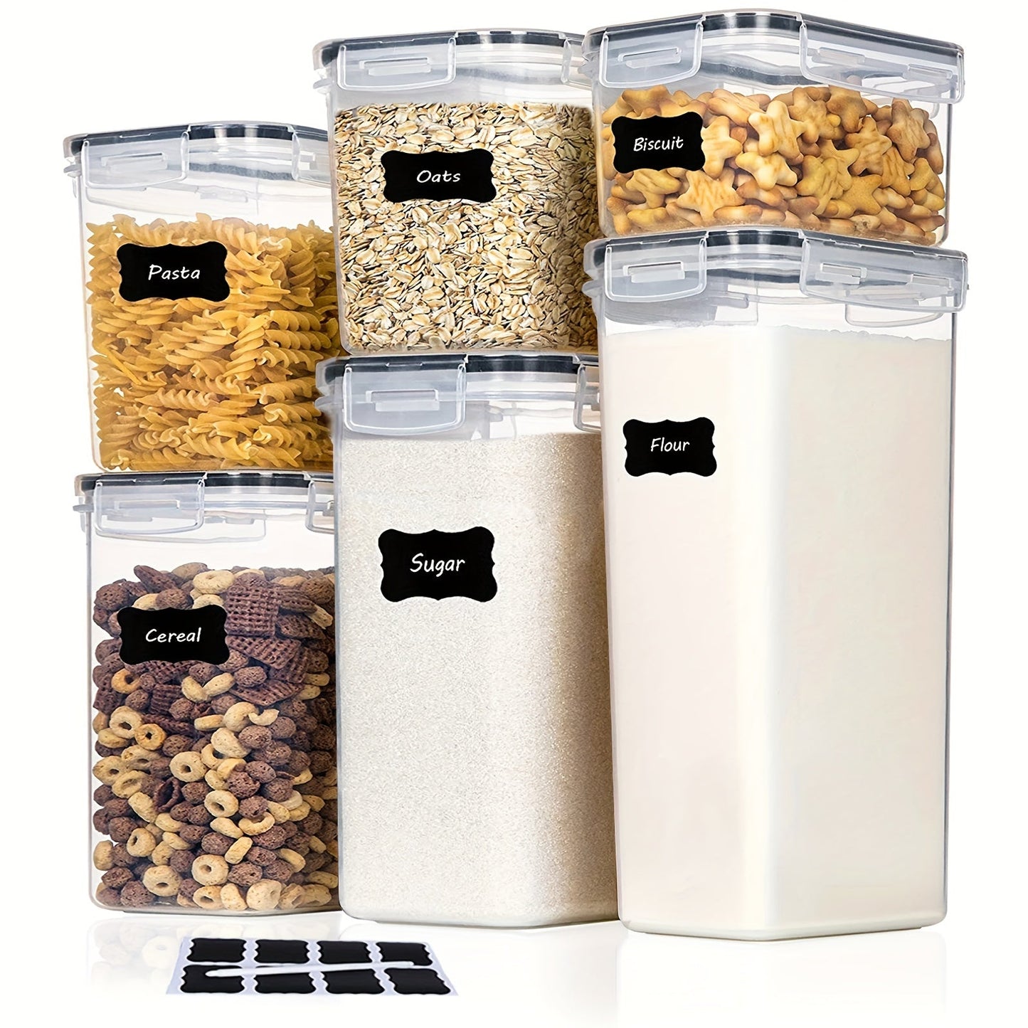 A set of 6 or 12 Airtight Food Storage Containers comes with Lids and Labels. These Plastic BPA Free Kitchen Storage Containers are perfect for storing Dry Food such as Flour, Sugar, Cereal, Pasta, Tea, Nuts, and Coffee Beans. They are ideal for keeping