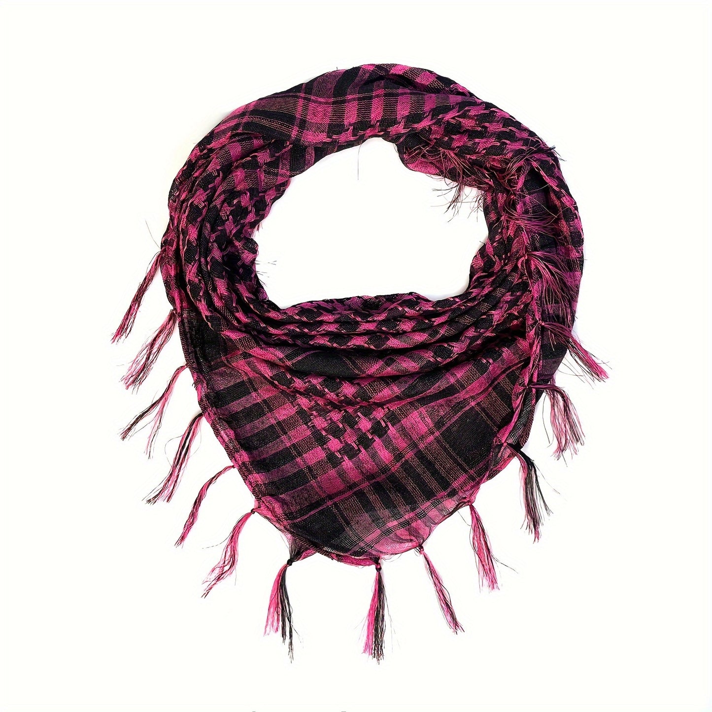 Lightweight Tactical Plaid Scarf - Windproof, Sand-Proof, All-Season Polyester Neck Warmer with Fringe Detail.