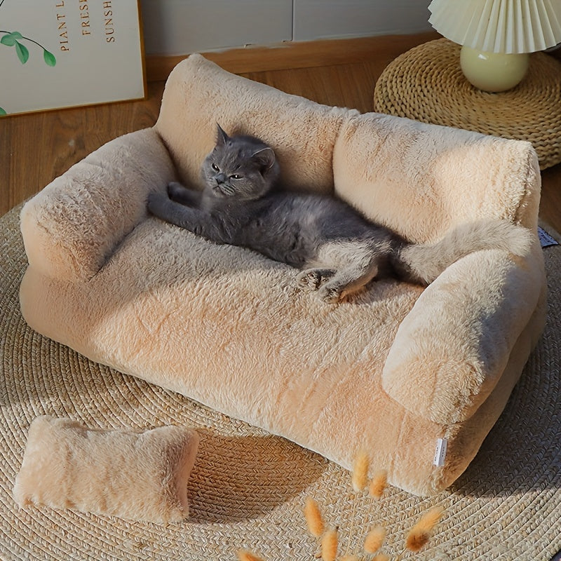 Soft grey pet bed for cats and dogs, with non-slip design and washable polyester material.