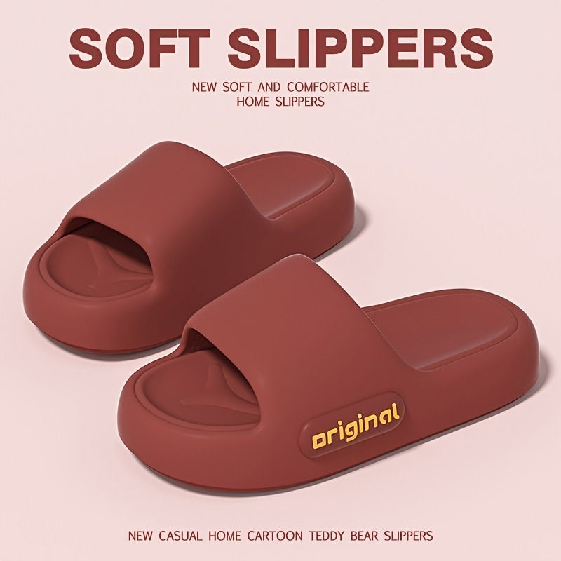 Stylish solid color slippers with soft soles, ideal for indoor use. Made with EVA material that's easy to clean in the machine.