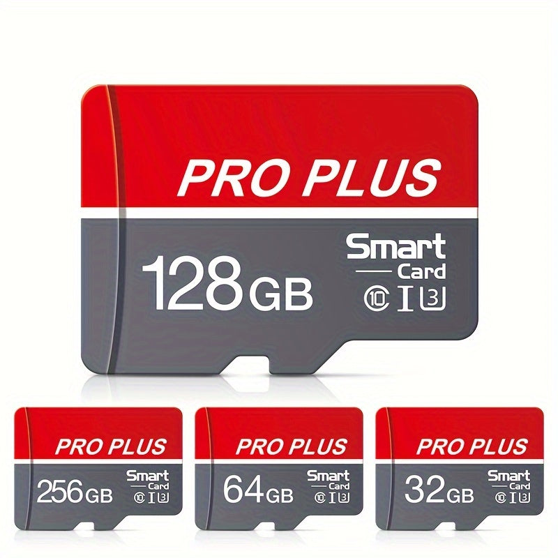 High-speed Class 10 U3 Microdrive Pro Plus Memory Card in red and gray, available in sizes 4GB to 256GB, offers reliable performance for smartphones, tablets, and more.