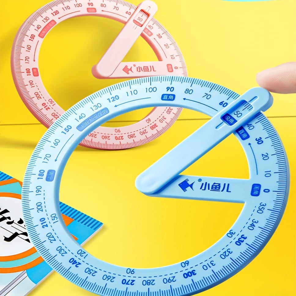 360-Degree Rotating Protractor - Precision angle measuring tool for drafting and drawing, made of durable plastic, essential office supply.