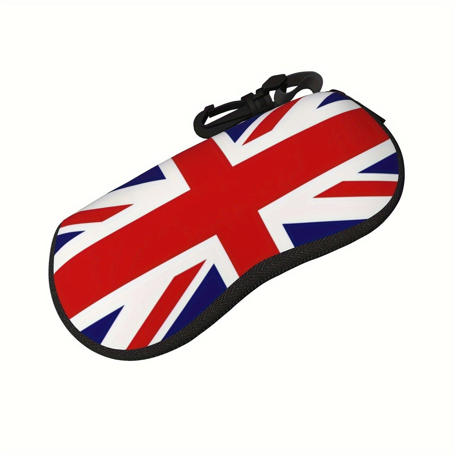 Waterproof glasses case featuring British flag print and keychain, made of ultra-light and soft neoprene material. Ideal for storing fashion eyewear and reading glasses, suitable for both men and women on the go.